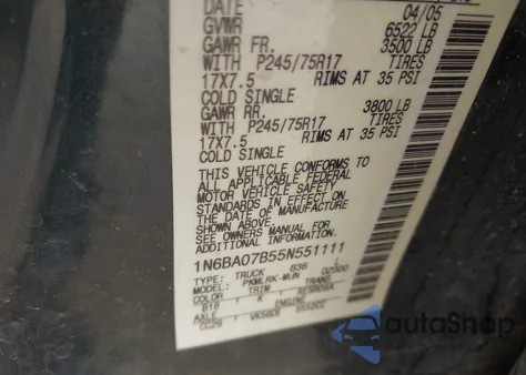 2005 Nissan Titan Xe from USA, damaged, VIN 1N6BA07B55N551111